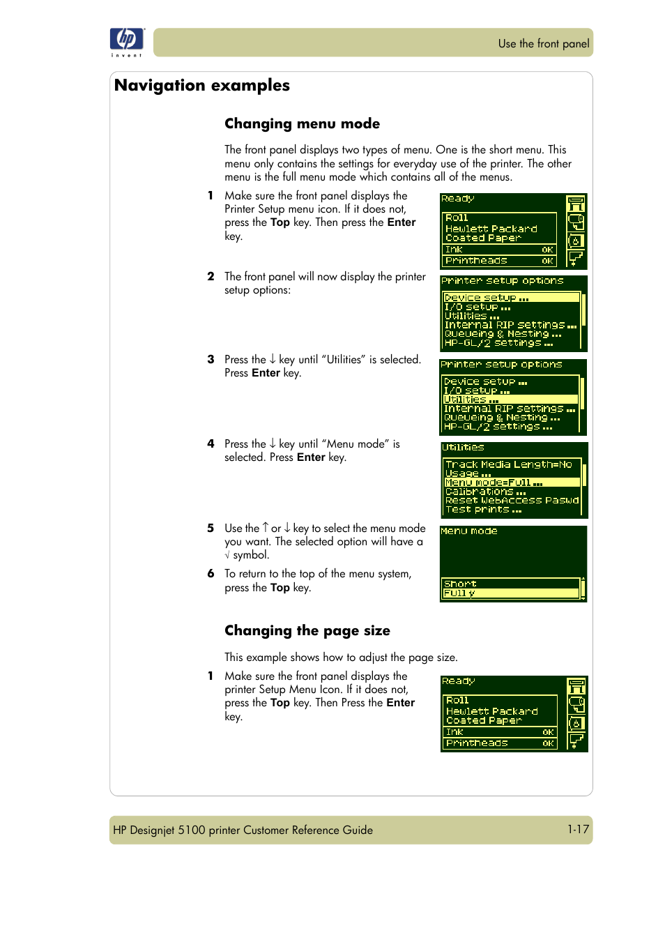Navigation examples, Changing menu mode, Changing the page size | HP Designjet 5100 Printer series User Manual | Page 21 / 123