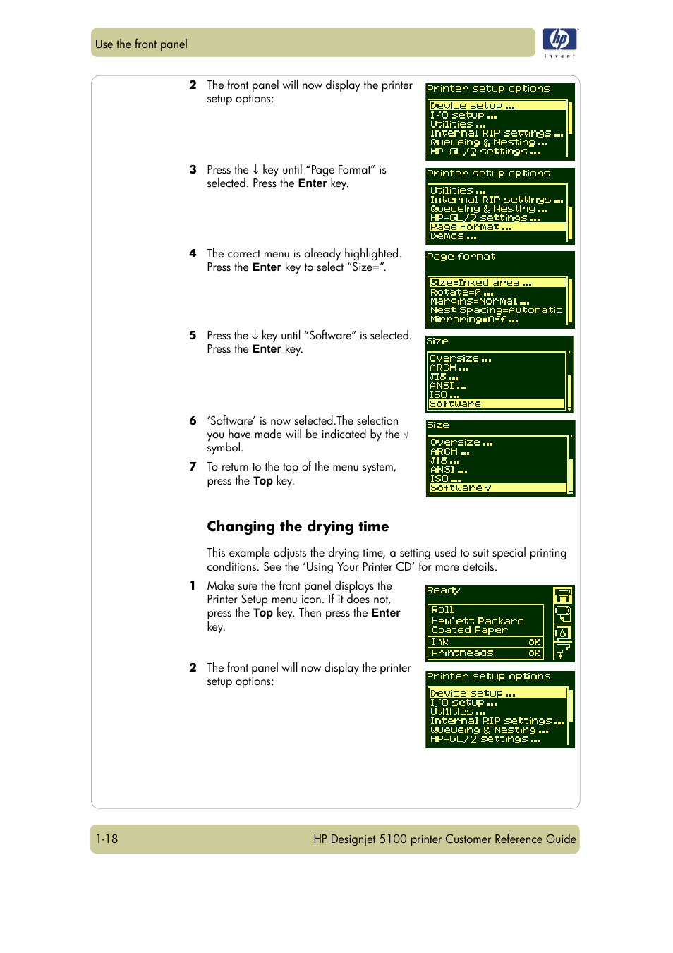 Changing the drying time | HP Designjet 5100 Printer series User Manual | Page 22 / 123