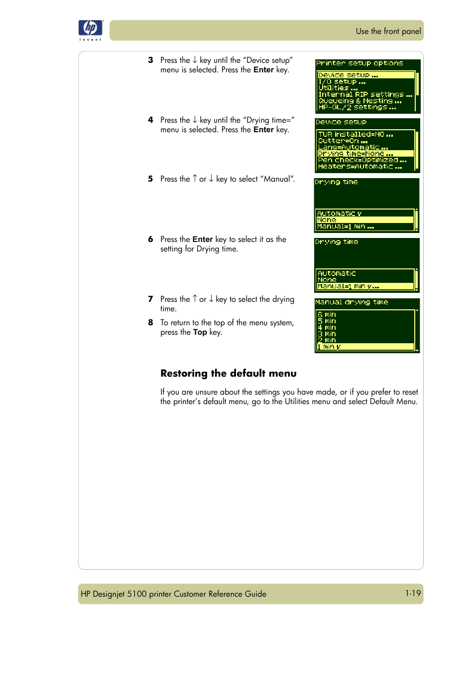 Restoring the default menu | HP Designjet 5100 Printer series User Manual | Page 23 / 123