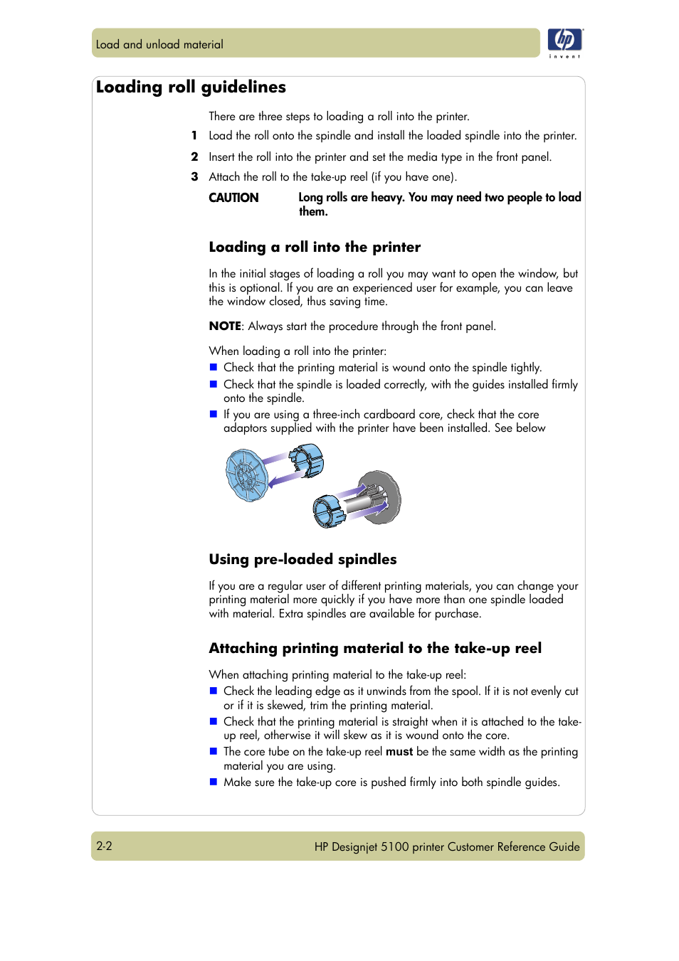 Loading roll guidelines | HP Designjet 5100 Printer series User Manual | Page 26 / 123