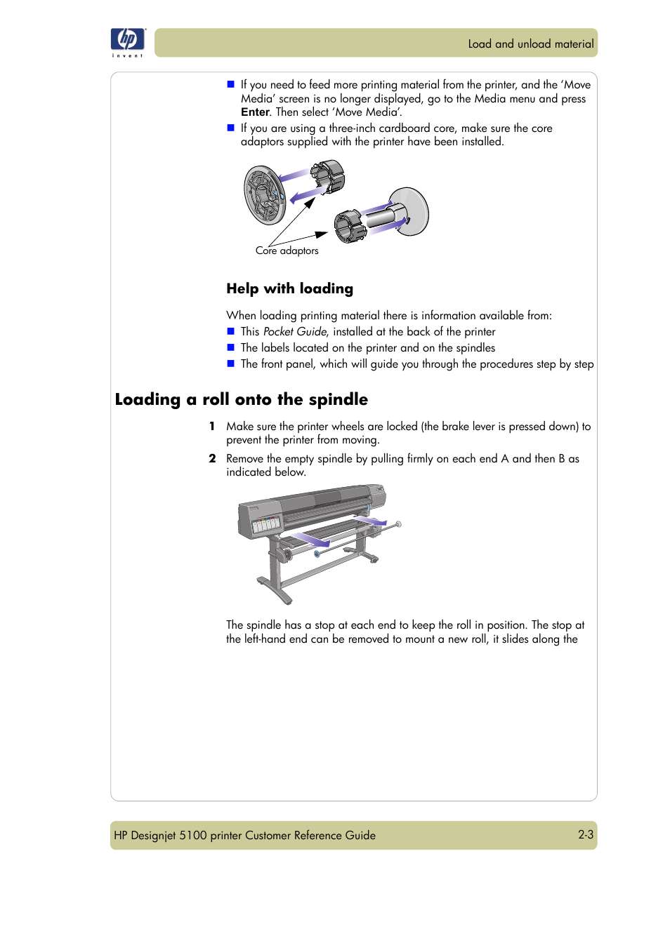 Loading a roll onto the spindle | HP Designjet 5100 Printer series User Manual | Page 27 / 123