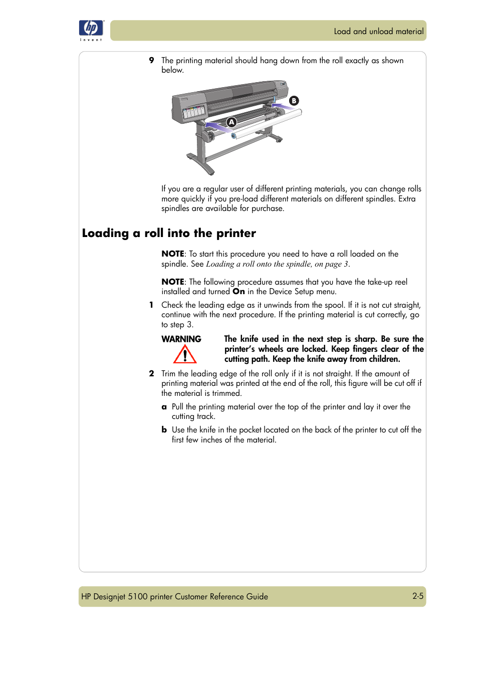 Loading a roll into the printer | HP Designjet 5100 Printer series User Manual | Page 29 / 123