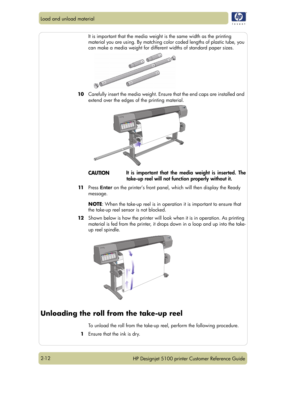 Unloading the roll from the take-up reel | HP Designjet 5100 Printer series User Manual | Page 36 / 123