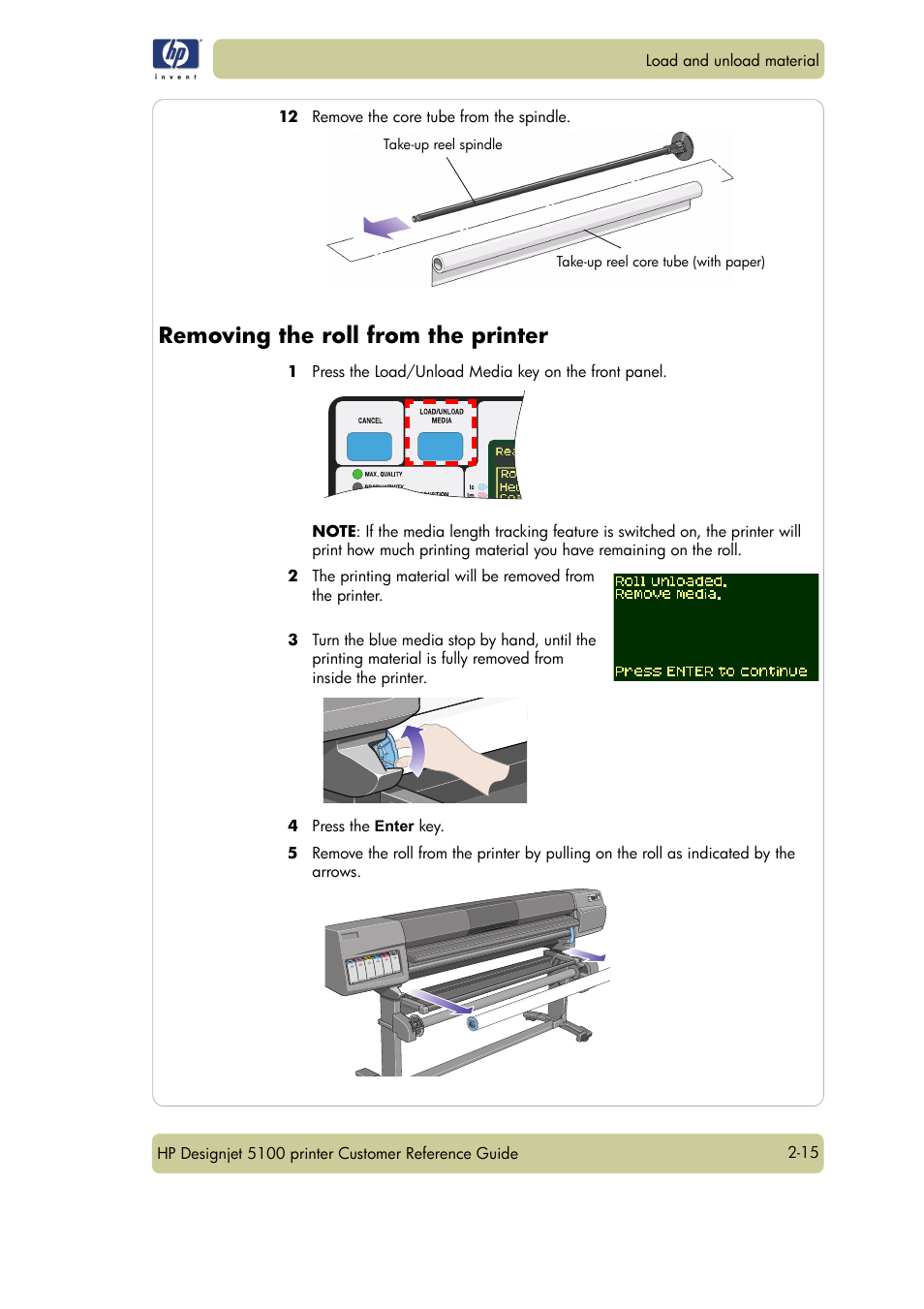 Removing the roll from the printer | HP Designjet 5100 Printer series User Manual | Page 39 / 123