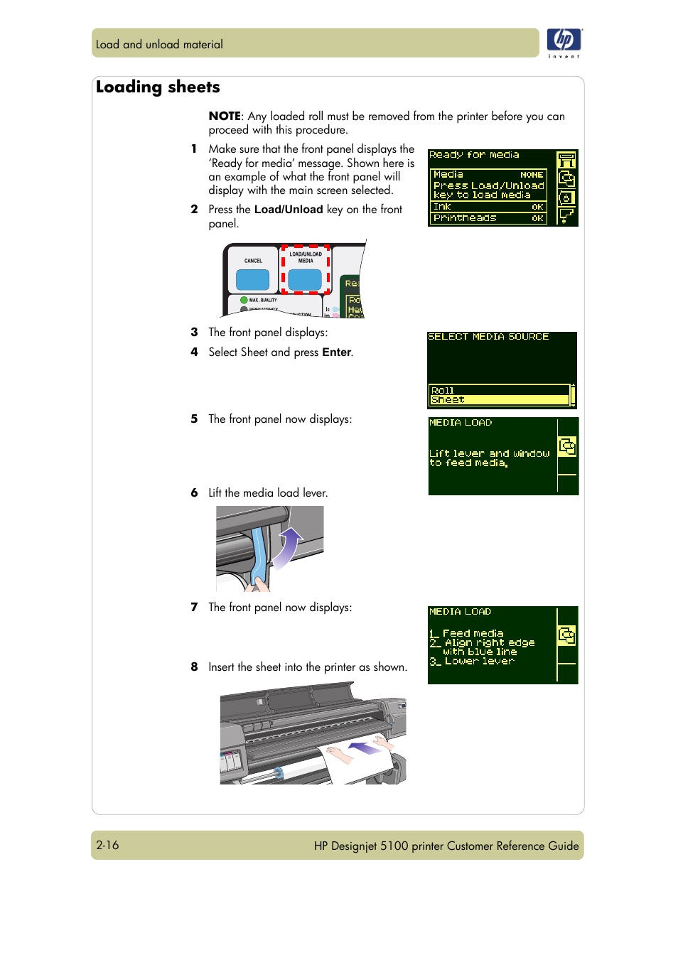 Loading sheets | HP Designjet 5100 Printer series User Manual | Page 40 / 123