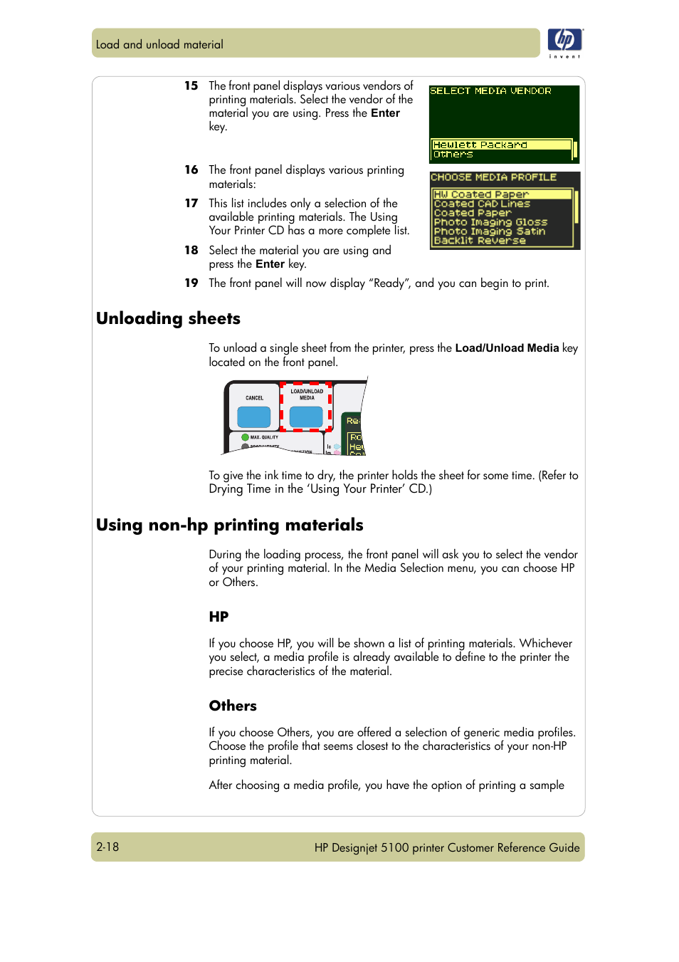Unloading sheets, Using non-hp printing materials | HP Designjet 5100 Printer series User Manual | Page 42 / 123