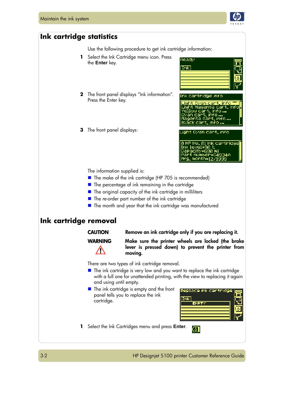 Ink cartridge statistics, Ink cartridge removal | HP Designjet 5100 Printer series User Manual | Page 46 / 123