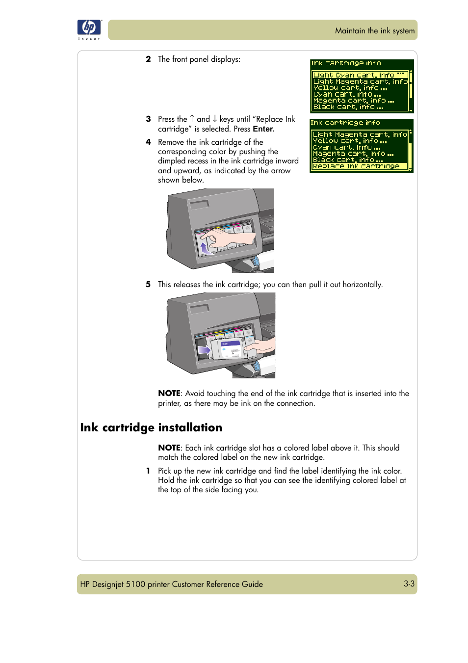 Ink cartridge installation | HP Designjet 5100 Printer series User Manual | Page 47 / 123
