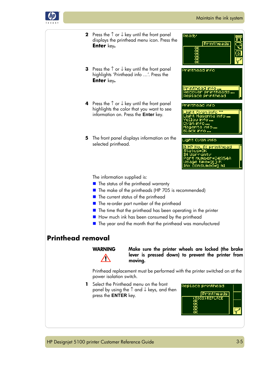 Printhead removal | HP Designjet 5100 Printer series User Manual | Page 49 / 123