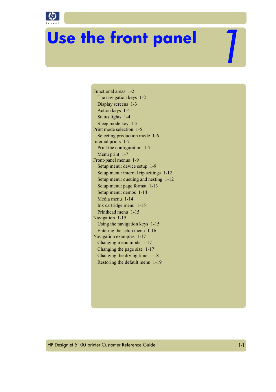 Use the front panel | HP Designjet 5100 Printer series User Manual | Page 5 / 123