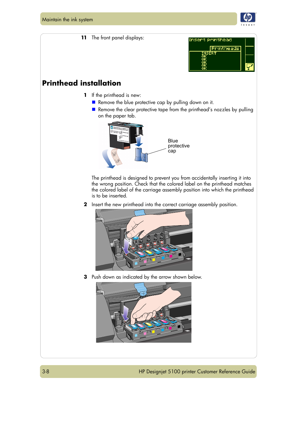 Printhead installation | HP Designjet 5100 Printer series User Manual | Page 52 / 123