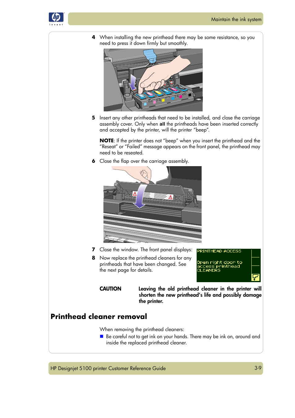 Printhead cleaner removal | HP Designjet 5100 Printer series User Manual | Page 53 / 123