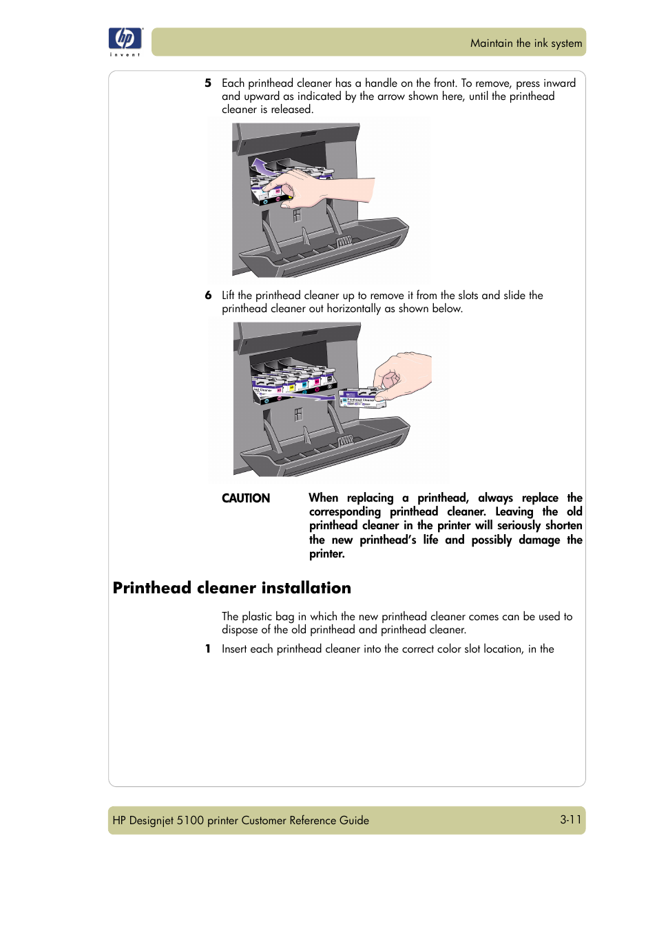 Printhead cleaner installation | HP Designjet 5100 Printer series User Manual | Page 55 / 123