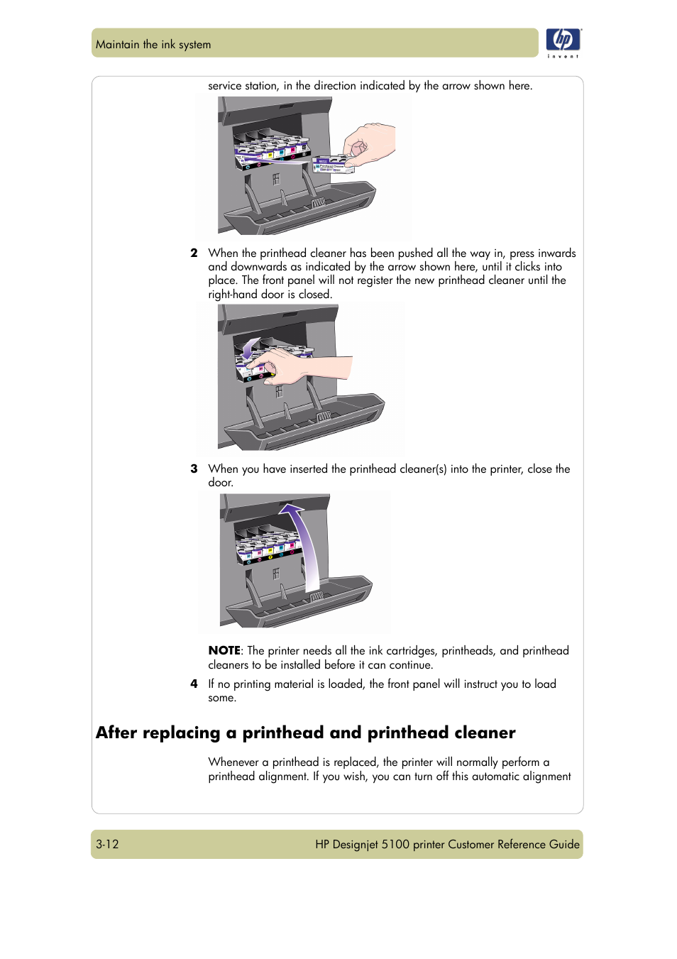 After replacing a printhead and printhead cleaner | HP Designjet 5100 Printer series User Manual | Page 56 / 123