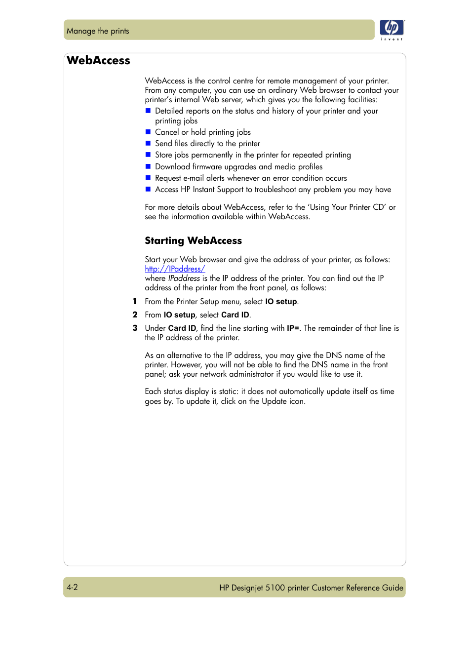 Webaccess, Starting webaccess | HP Designjet 5100 Printer series User Manual | Page 60 / 123