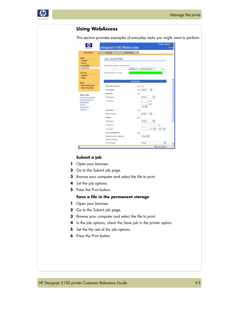 Using webaccess | HP Designjet 5100 Printer series User Manual | Page 61 / 123