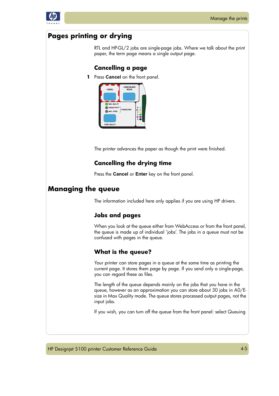 Pages printing or drying, Managing the queue | HP Designjet 5100 Printer series User Manual | Page 63 / 123