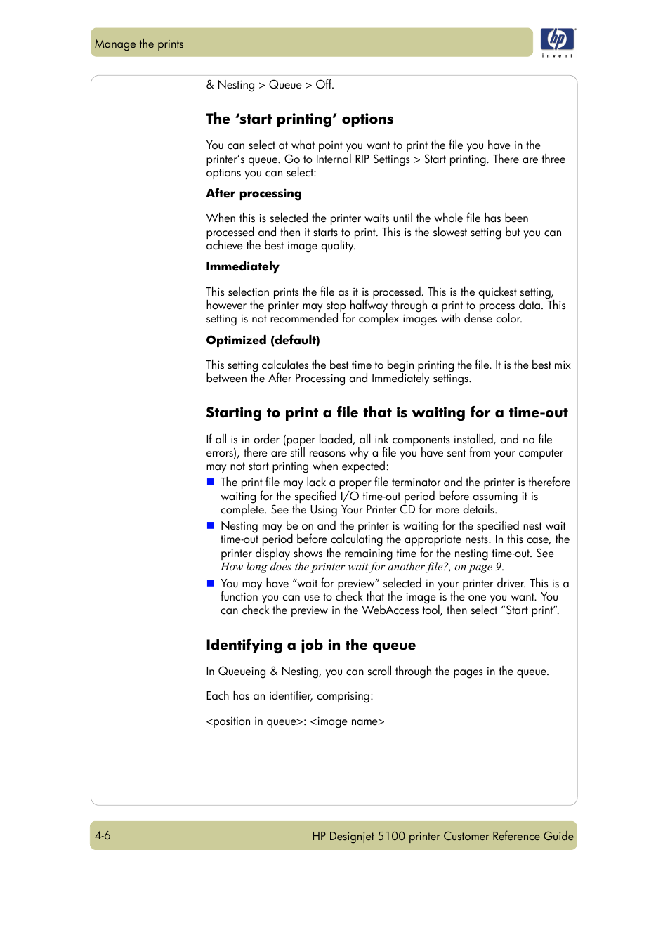 The ‘start printing’ options, Identifying a job in the queue | HP Designjet 5100 Printer series User Manual | Page 64 / 123