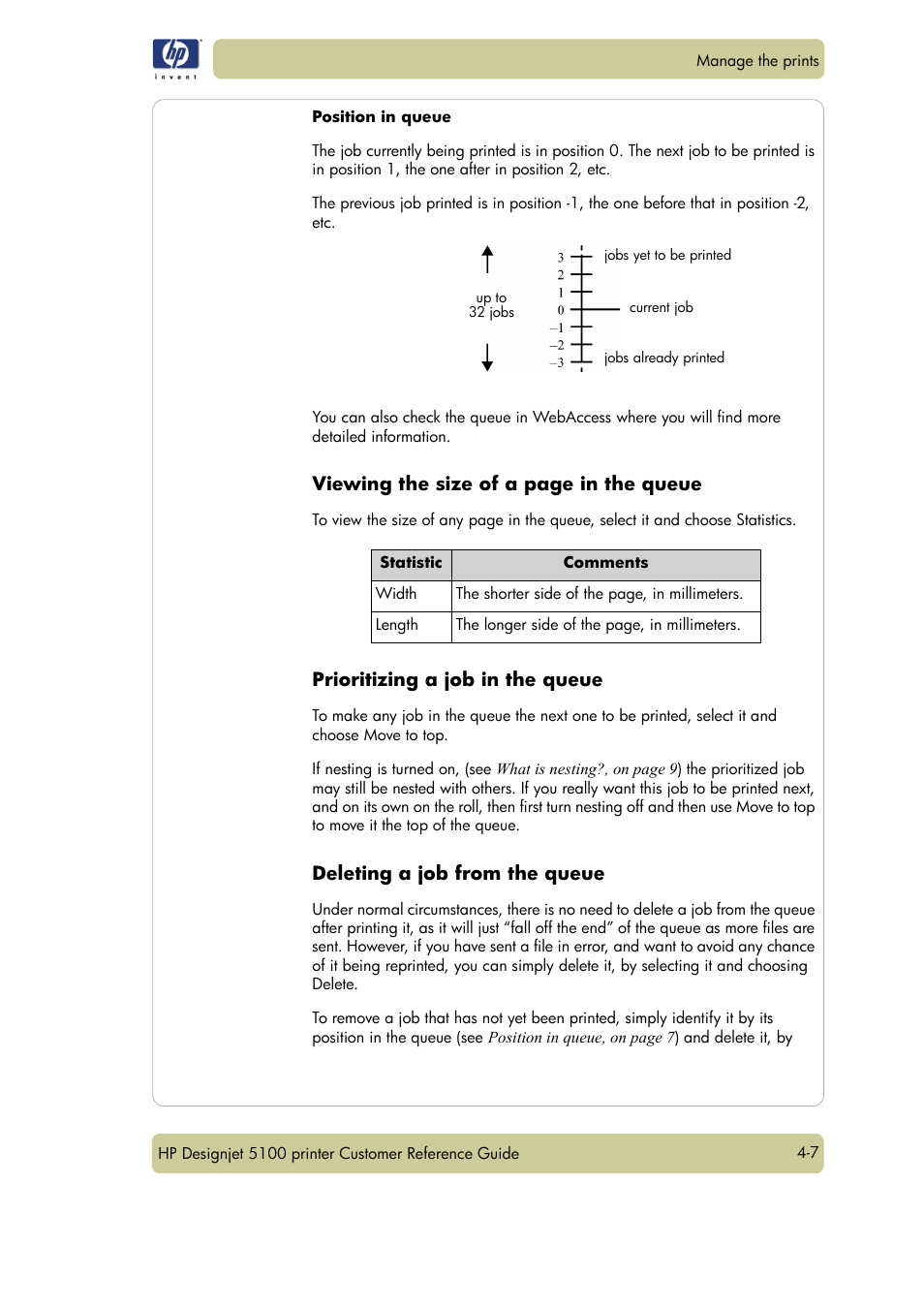 Viewing the size of a page in the queue, Prioritizing a job in the queue, Deleting a job from the queue | HP Designjet 5100 Printer series User Manual | Page 65 / 123