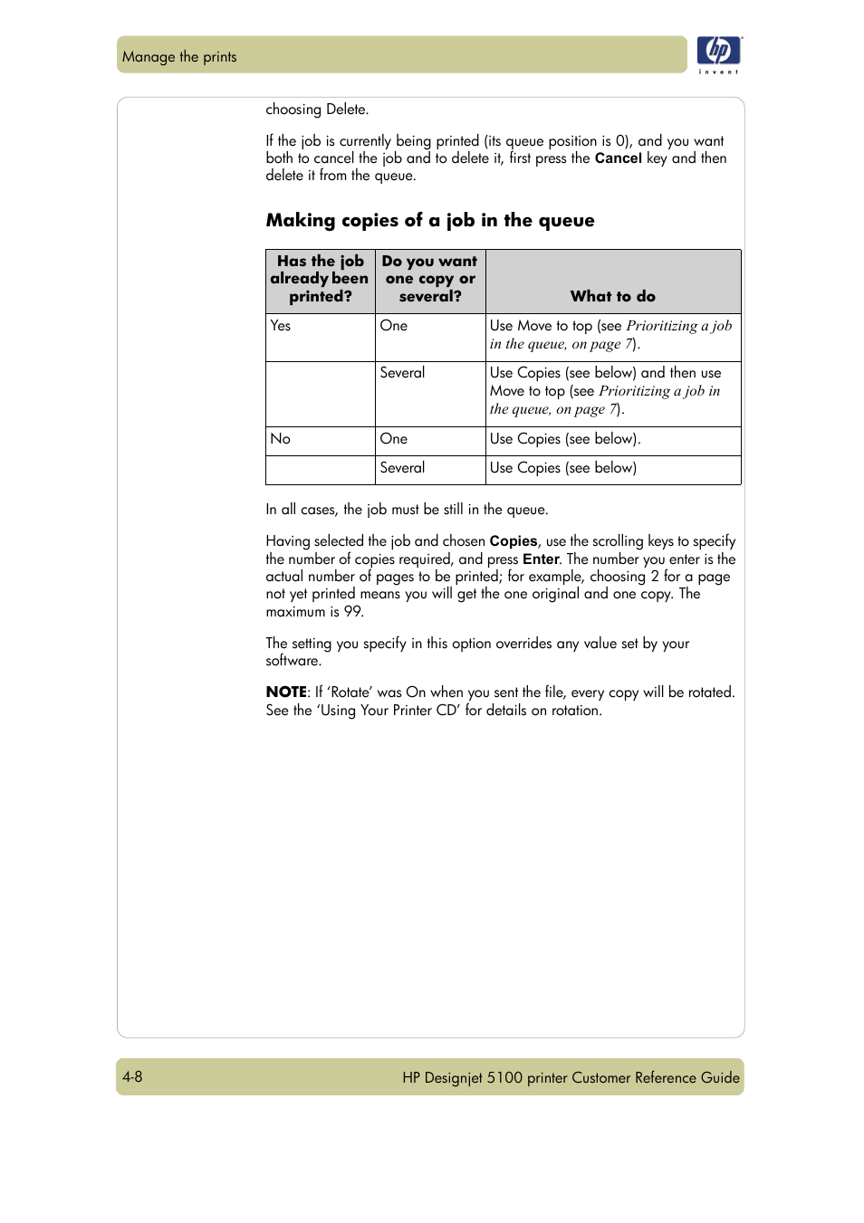 Making copies of a job in the queue | HP Designjet 5100 Printer series User Manual | Page 66 / 123