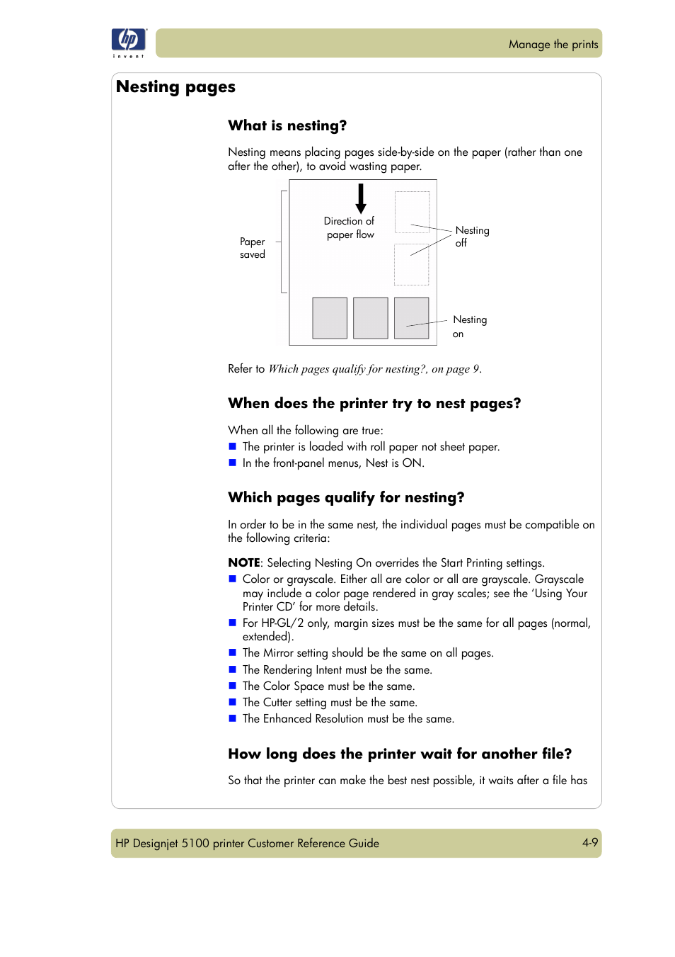 Nesting pages, What is nesting, When does the printer try to nest pages | Which pages qualify for nesting, How long does the printer wait for another file | HP Designjet 5100 Printer series User Manual | Page 67 / 123