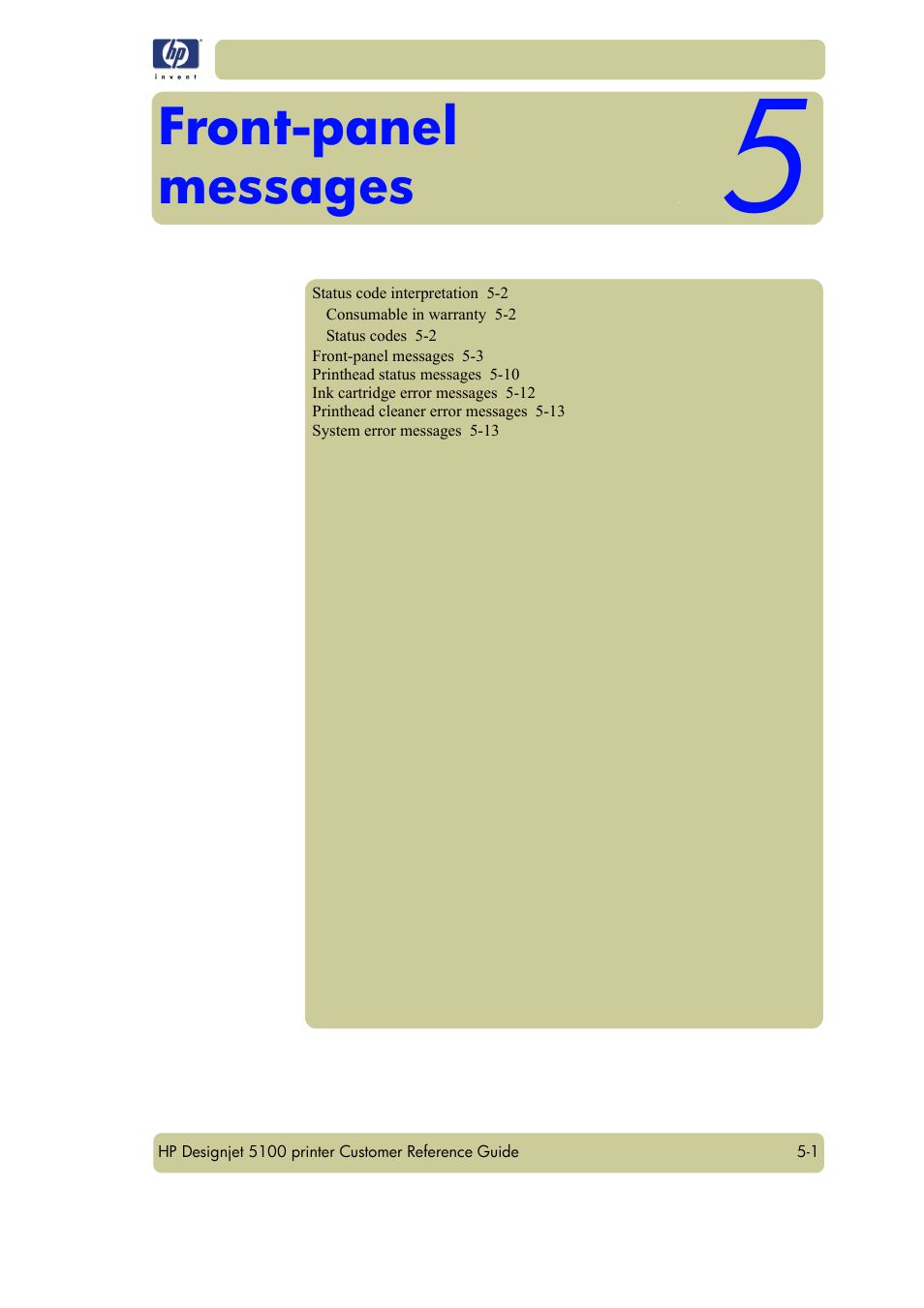 Front-panel messages | HP Designjet 5100 Printer series User Manual | Page 69 / 123