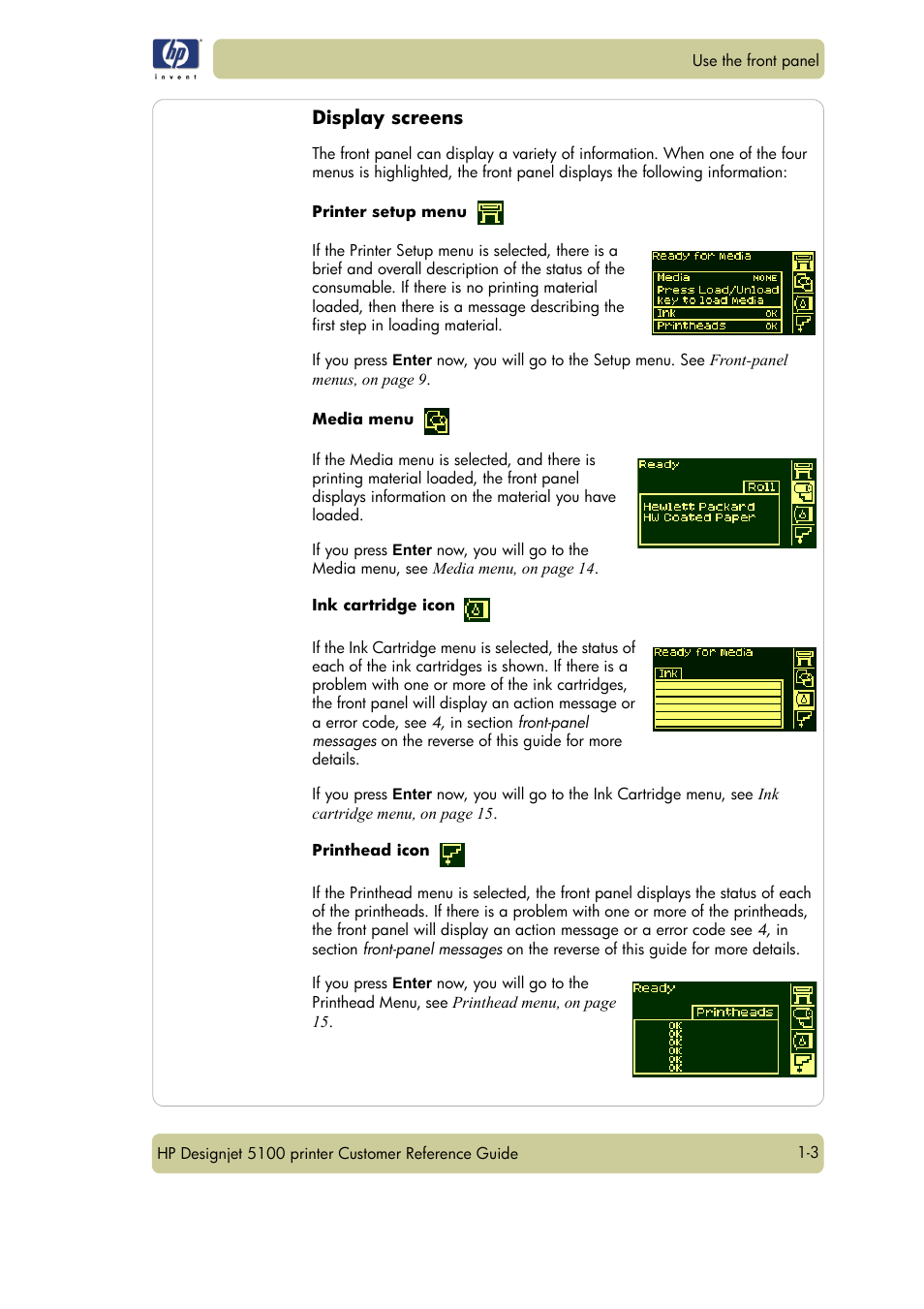 Display screens | HP Designjet 5100 Printer series User Manual | Page 7 / 123