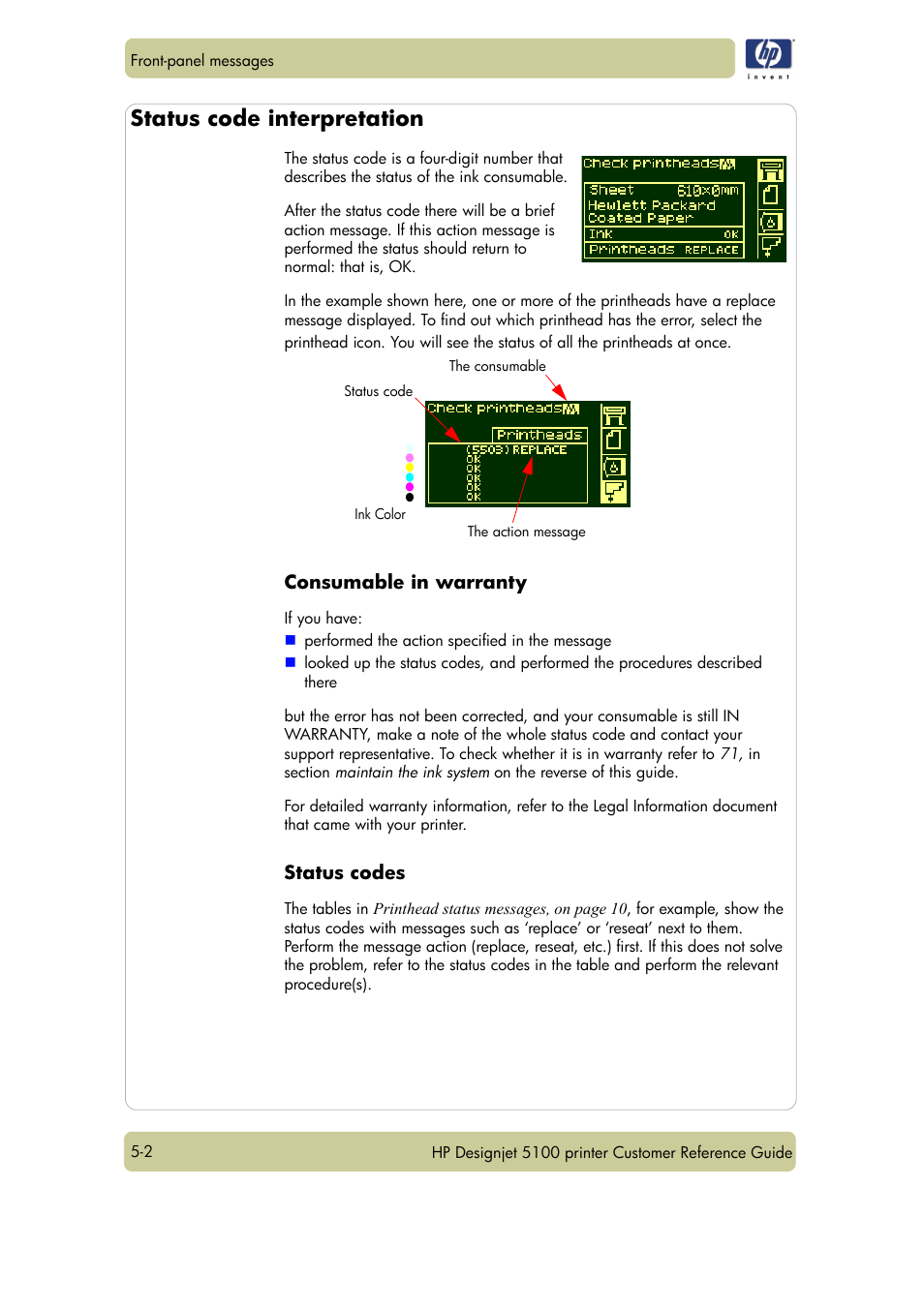 Status code interpretation, Consumable in warranty, Status codes | HP Designjet 5100 Printer series User Manual | Page 70 / 123
