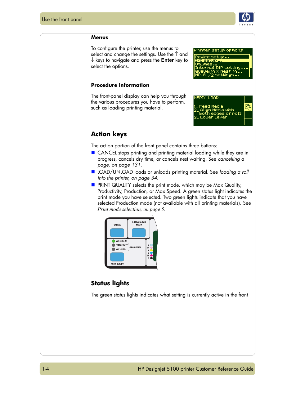Action keys, Status lights | HP Designjet 5100 Printer series User Manual | Page 8 / 123