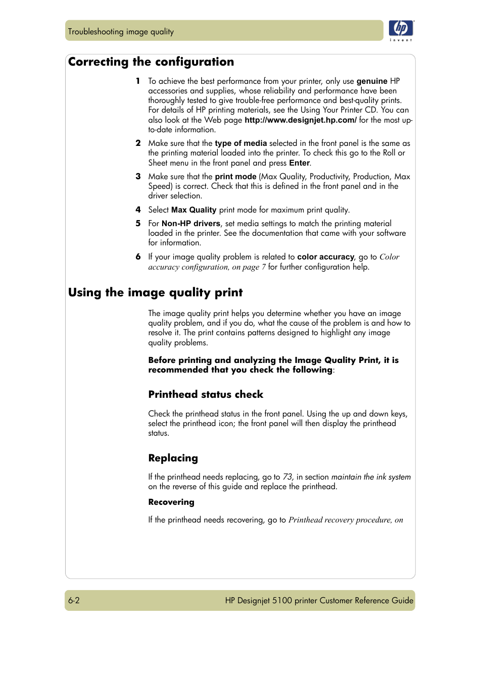 Correcting the configuration, Using the image quality print | HP Designjet 5100 Printer series User Manual | Page 84 / 123