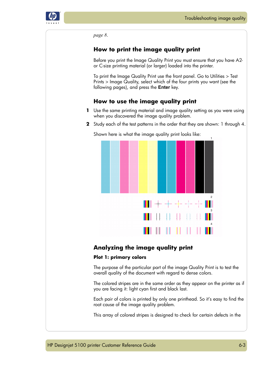 How to print the image quality print, How to use the image quality print, Analyzing the image quality print | HP Designjet 5100 Printer series User Manual | Page 85 / 123