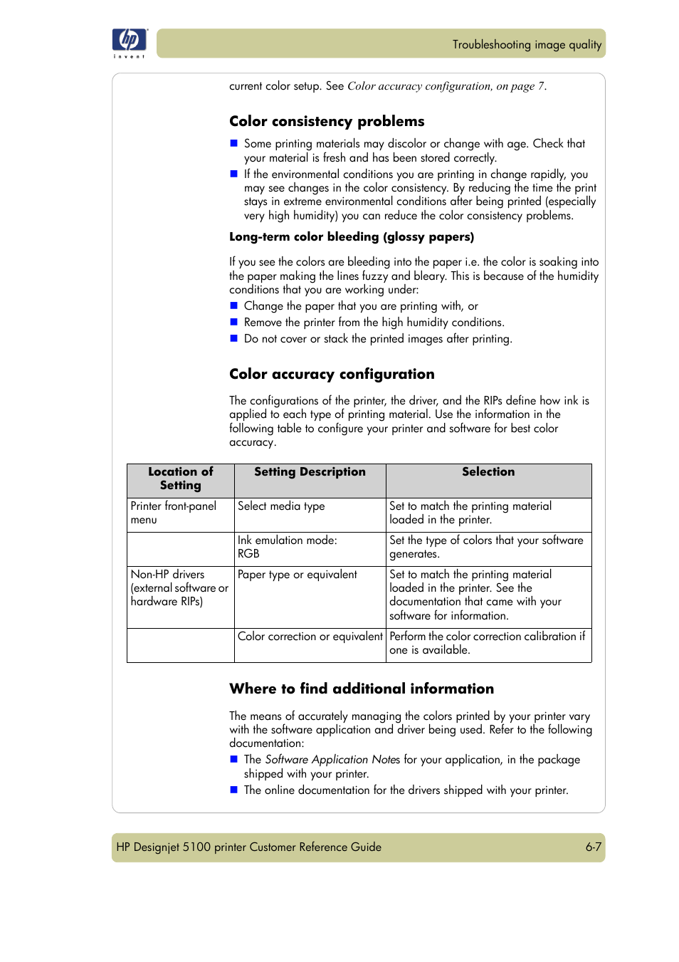 Color consistency problems, Color accuracy configuration, Where to find additional information | HP Designjet 5100 Printer series User Manual | Page 89 / 123