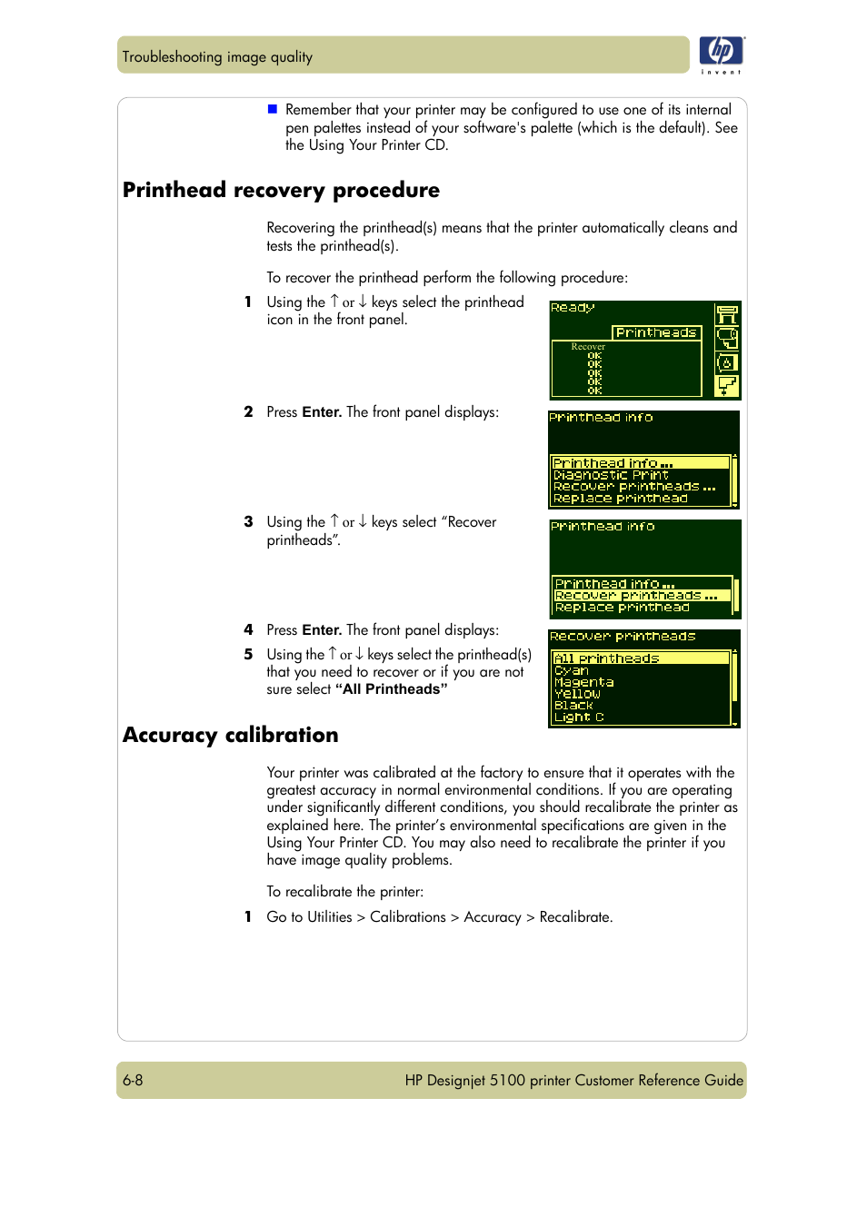 Printhead recovery procedure, Accuracy calibration | HP Designjet 5100 Printer series User Manual | Page 90 / 123