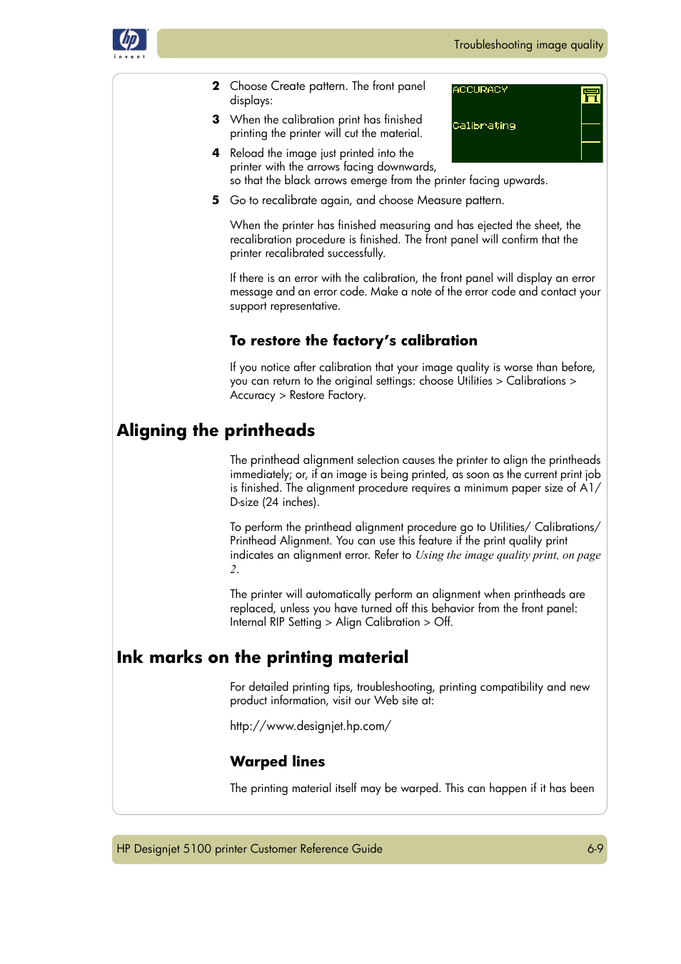 Aligning the printheads, Ink marks on the printing material | HP Designjet 5100 Printer series User Manual | Page 91 / 123