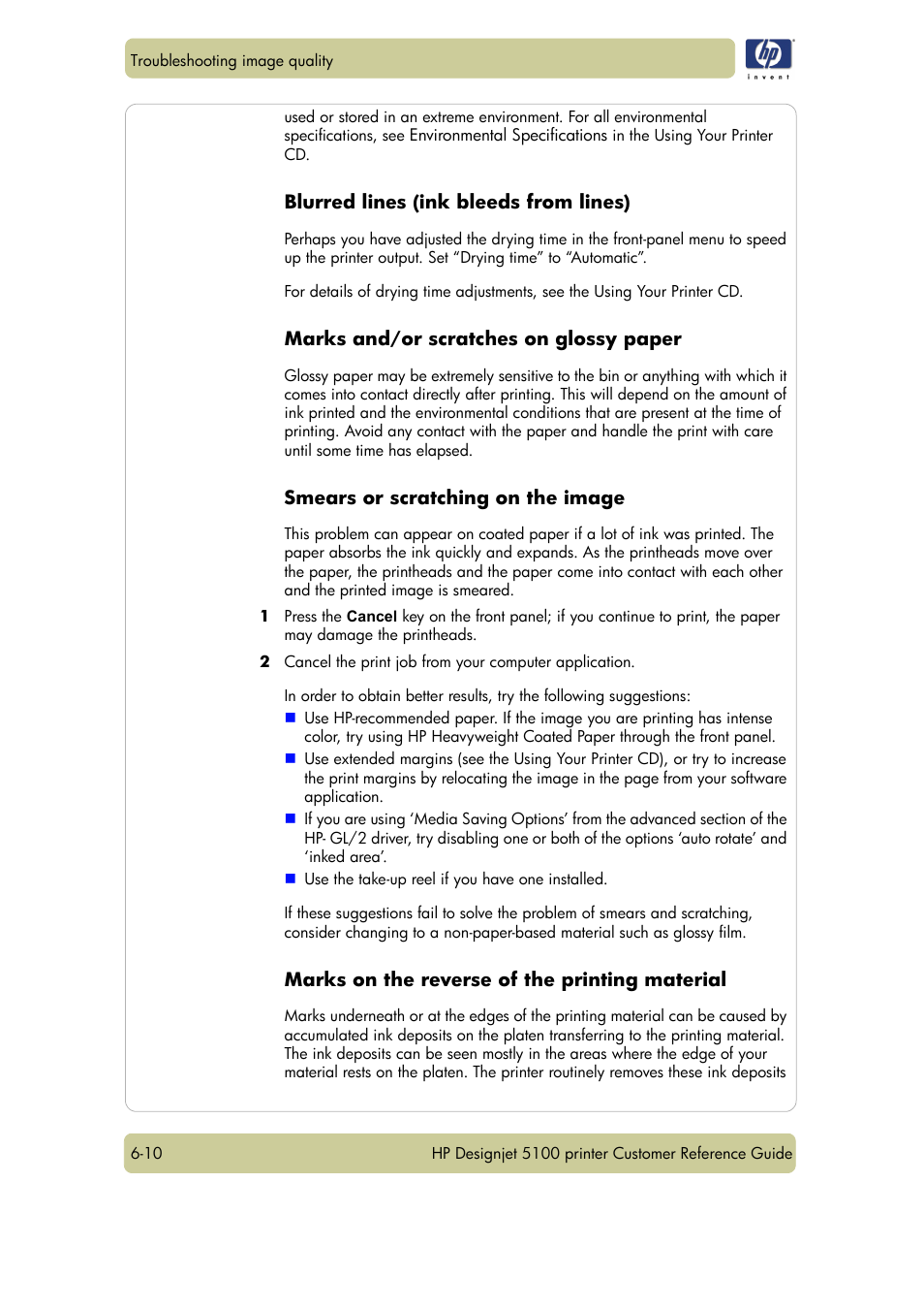 Blurred lines (ink bleeds from lines), Marks and/or scratches on glossy paper, Smears or scratching on the image | Marks on the reverse of the printing material | HP Designjet 5100 Printer series User Manual | Page 92 / 123