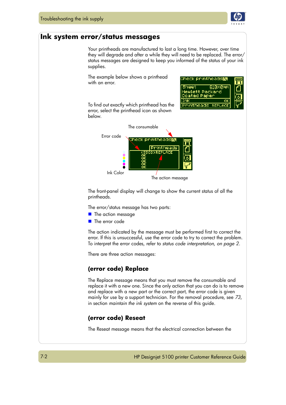 Ink system error/status messages, Error code) replace, Error code) reseat | HP Designjet 5100 Printer series User Manual | Page 98 / 123