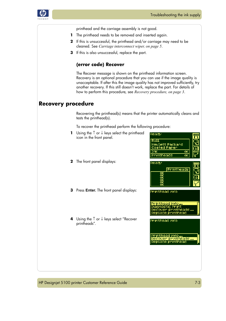Recovery procedure, Error code) recover | HP Designjet 5100 Printer series User Manual | Page 99 / 123