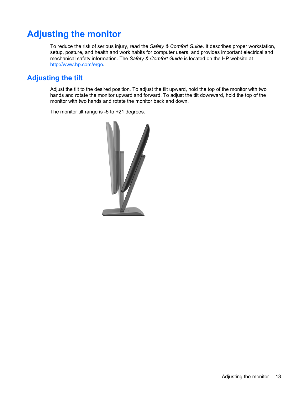 Adjusting the monitor, Adjusting the tilt | HP EliteDisplay S240ml 23.8-in IPS LED Backlit MHL Monitor User Manual | Page 19 / 35