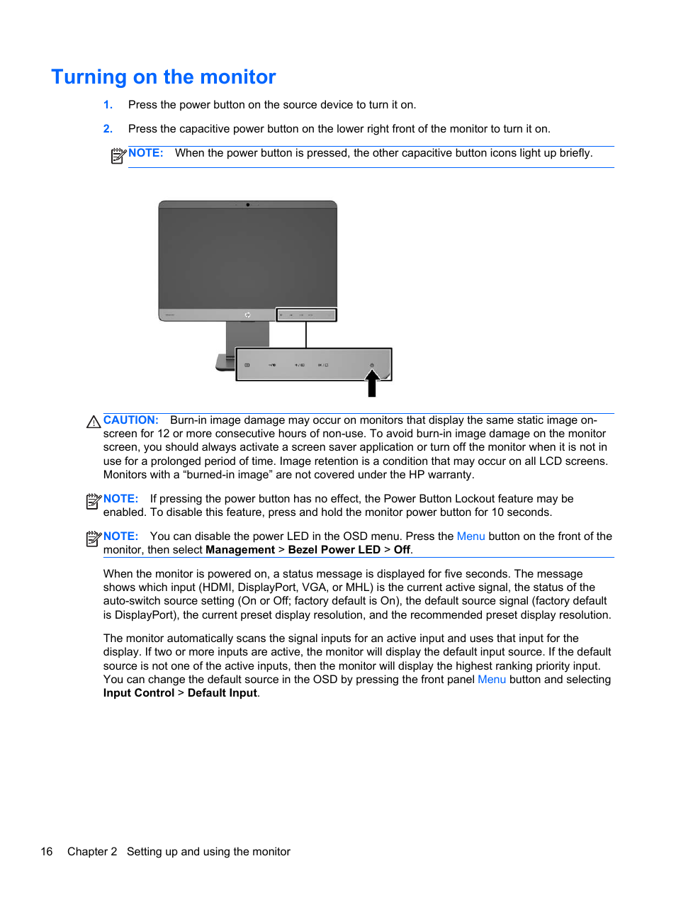 Turning on the monitor | HP EliteDisplay S240ml 23.8-in IPS LED Backlit MHL Monitor User Manual | Page 22 / 35