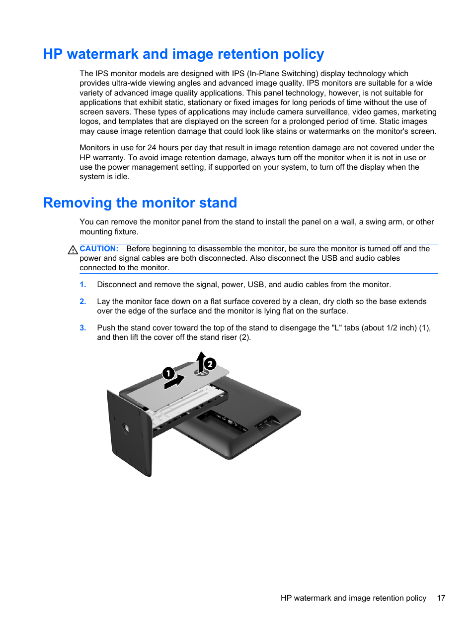 Hp watermark and image retention policy, Removing the monitor stand | HP EliteDisplay S240ml 23.8-in IPS LED Backlit MHL Monitor User Manual | Page 23 / 35