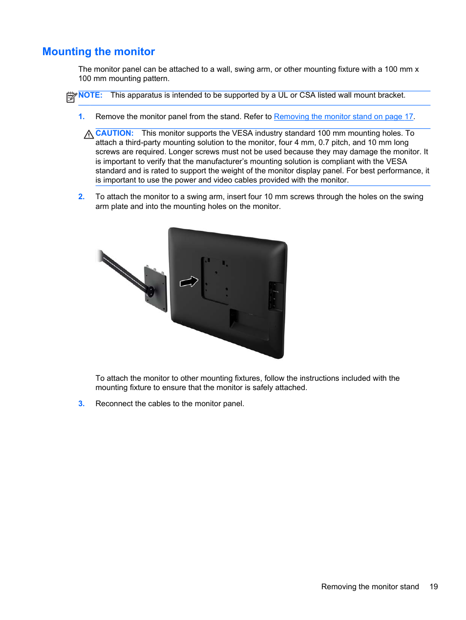 Mounting the monitor | HP EliteDisplay S240ml 23.8-in IPS LED Backlit MHL Monitor User Manual | Page 25 / 35