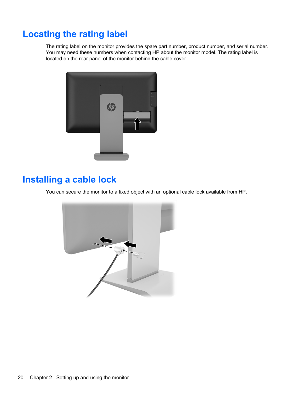 Locating the rating label, Installing a cable lock, Locating the rating label installing a cable lock | HP EliteDisplay S240ml 23.8-in IPS LED Backlit MHL Monitor User Manual | Page 26 / 35