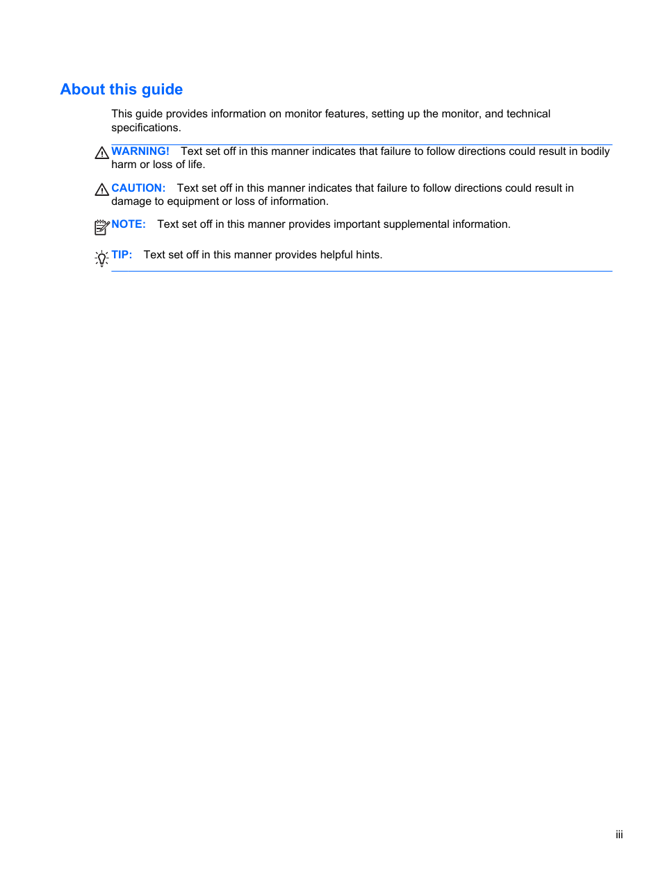 About this guide | HP EliteDisplay S240ml 23.8-in IPS LED Backlit MHL Monitor User Manual | Page 3 / 35