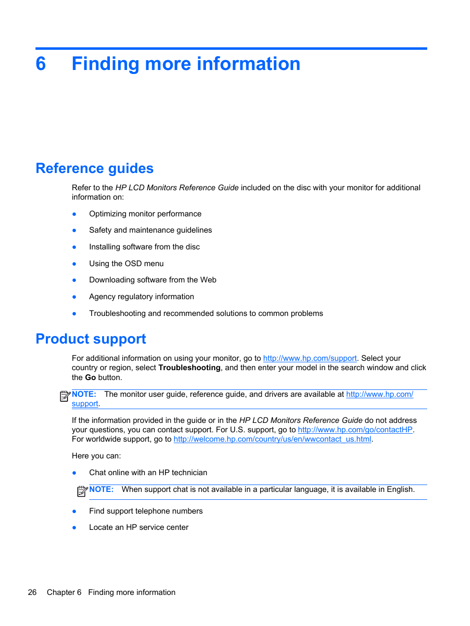 Finding more information, Reference guides, Product support | 6 finding more information, 6finding more information | HP EliteDisplay S240ml 23.8-in IPS LED Backlit MHL Monitor User Manual | Page 32 / 35