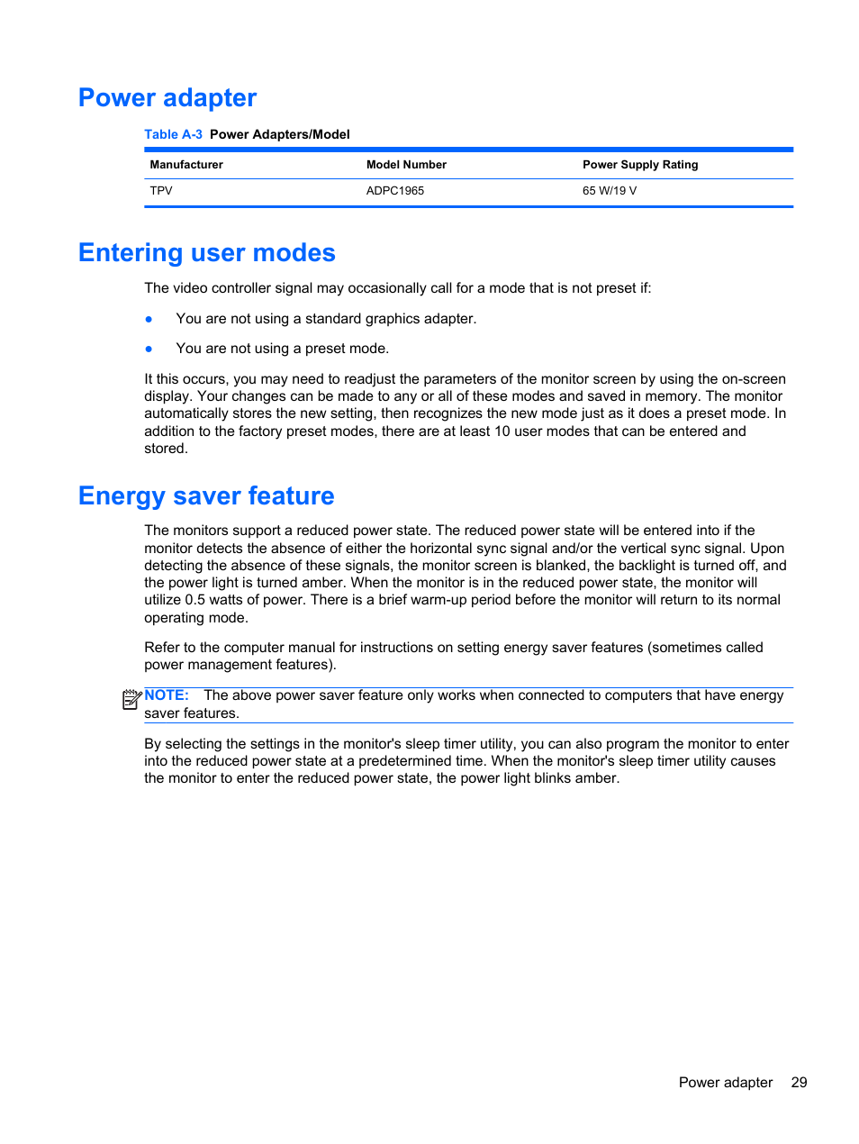 Power adapter, Entering user modes, Energy saver feature | HP EliteDisplay S240ml 23.8-in IPS LED Backlit MHL Monitor User Manual | Page 35 / 35