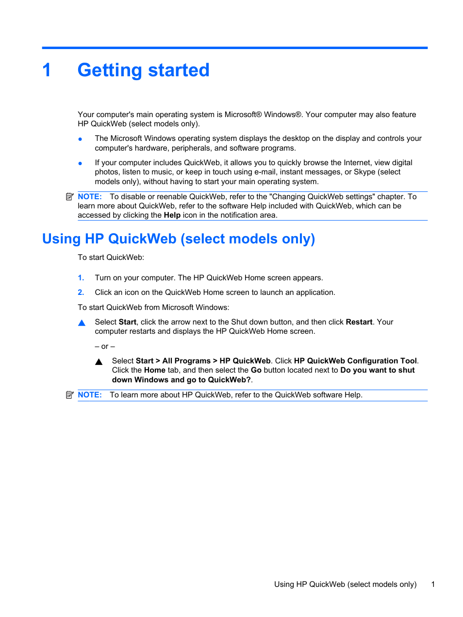 Getting started, Using hp quickweb (select models only), 1 getting started | 1getting started | HP Pavilion dm3-2010us Entertainment Notebook PC User Manual | Page 11 / 95