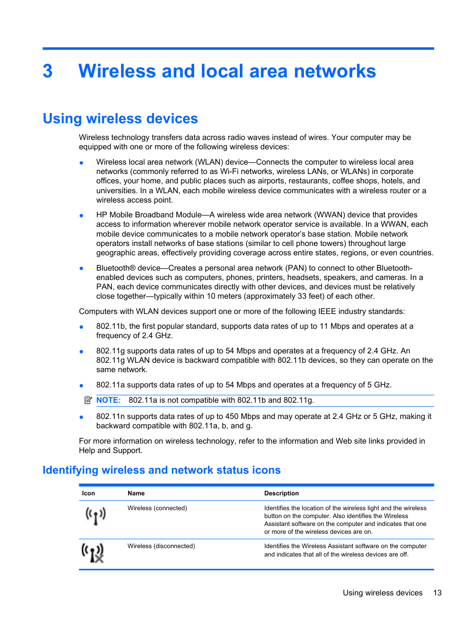 Wireless and local area networks, Using wireless devices, Identifying wireless and network status icons | 3 wireless and local area networks, 3wireless and local area networks | HP Pavilion dm3-2010us Entertainment Notebook PC User Manual | Page 23 / 95