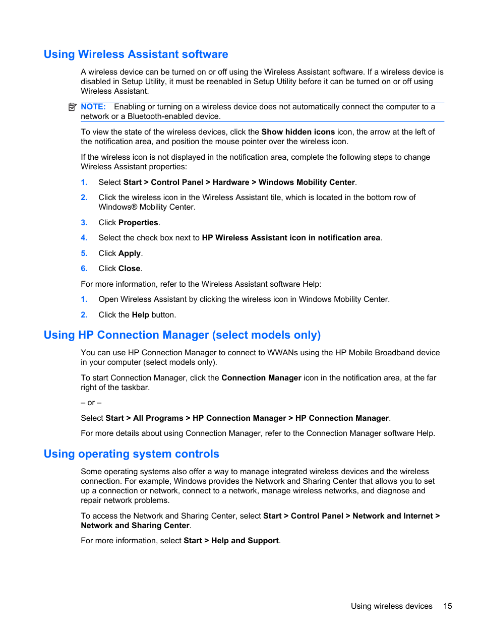 Using wireless assistant software, Using hp connection manager (select models only), Using operating system controls | HP Pavilion dm3-2010us Entertainment Notebook PC User Manual | Page 25 / 95