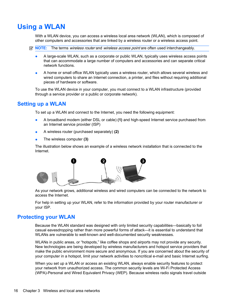 Using a wlan, Setting up a wlan, Protecting your wlan | Setting up a wlan protecting your wlan | HP Pavilion dm3-2010us Entertainment Notebook PC User Manual | Page 26 / 95