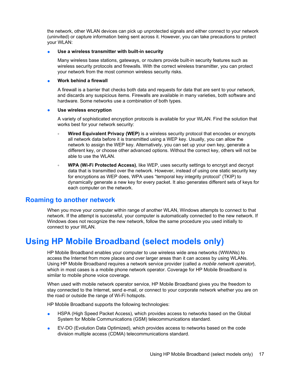 Roaming to another network, Using hp mobile broadband (select models only) | HP Pavilion dm3-2010us Entertainment Notebook PC User Manual | Page 27 / 95